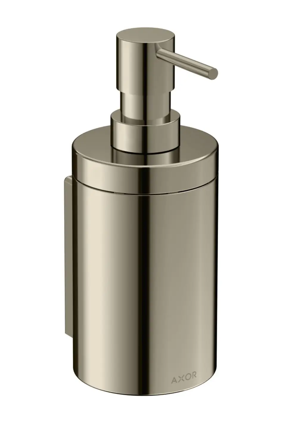 Spender aus poliertem Nickel mit Pumpmechanismus, an der Seite montierbar. Marke AXOR erkannbar. Design für die Abgabe von Lotion oder Flüssigkeiten.